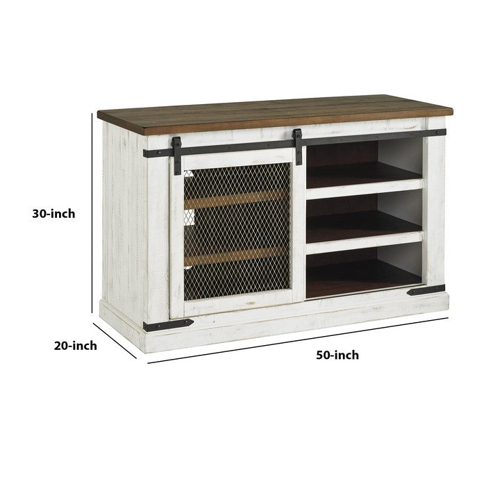 Wooden TV Stand with Barn Sliding Door and 4 Shelves,Medium,Brown and White