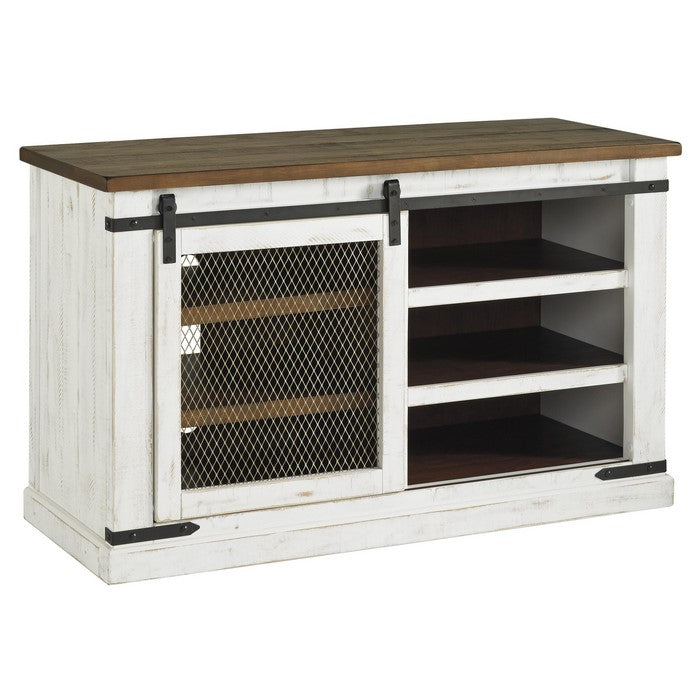 Wooden TV Stand with Barn Sliding Door and 4 Shelves,Medium,Brown and White