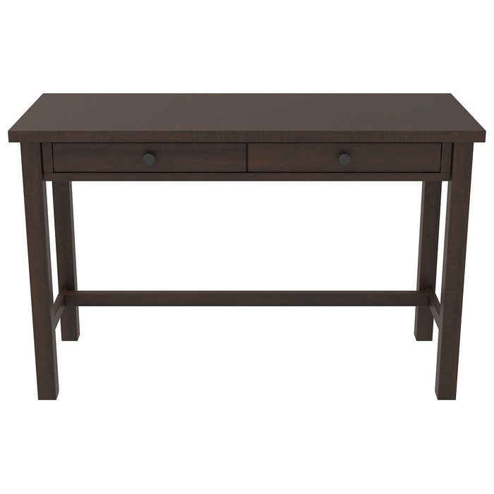Wooden Writing Desk with Block Legs and 2 Drawers, Dark Brown and Black