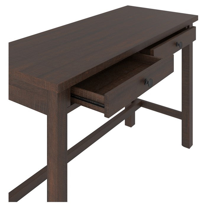 Wooden Writing Desk with Block Legs and 2 Drawers, Dark Brown and Black