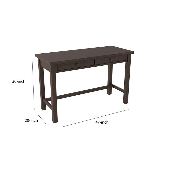 Wooden Writing Desk with Block Legs and 2 Drawers, Dark Brown and Black