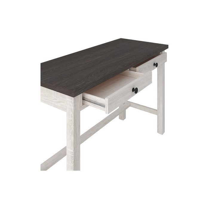 Wooden Writing Desk with Block Legs and 2 Storage Drawers, Gray and White