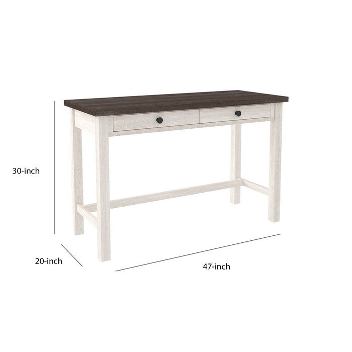 Wooden Writing Desk with Block Legs and 2 Storage Drawers, Gray and White