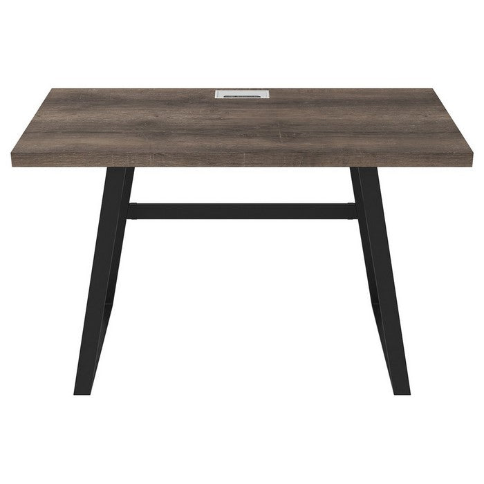 Wooden Writing Desk with Metal Base and Rectangular Top, Brown and Black