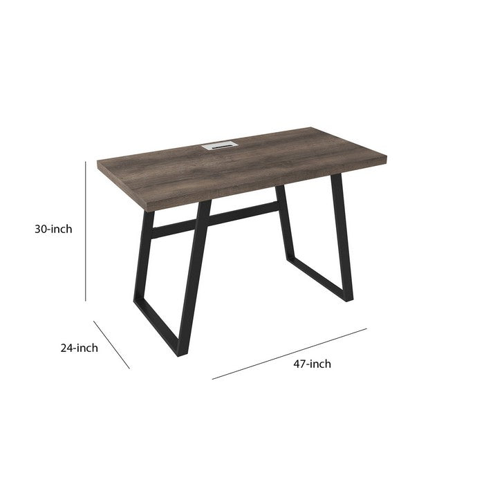 Wooden Writing Desk with Metal Base and Rectangular Top, Brown and Black