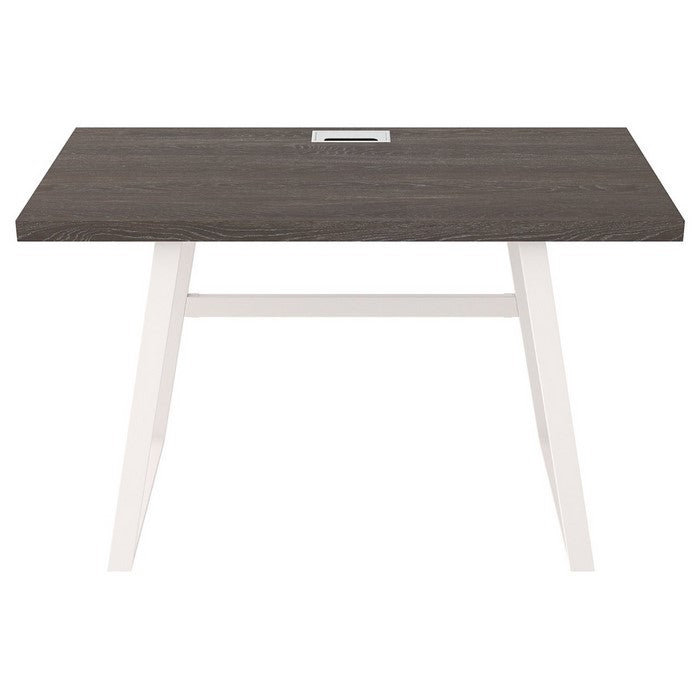 Wooden Writing Desk with Metal Base and Rectangular Top, Gray and White