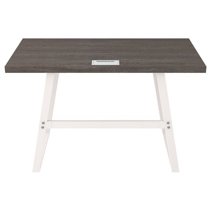 Wooden Writing Desk with Metal Base and Rectangular Top, Gray and White