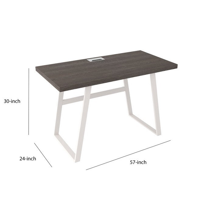 Wooden Writing Desk with Metal Base and Rectangular Top, Gray and White