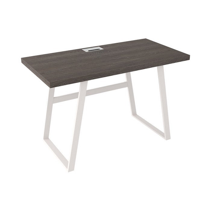 Wooden Writing Desk with Metal Base and Rectangular Top, Gray and White