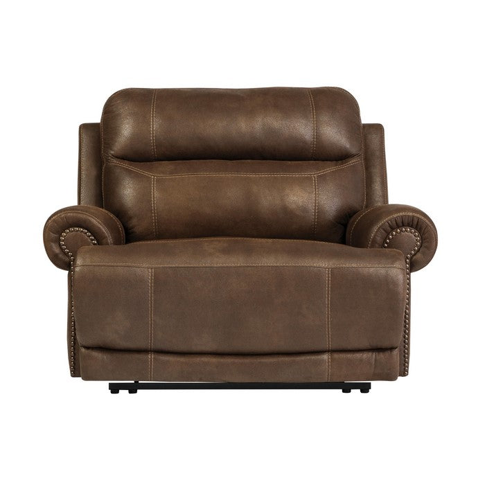 Wooden Zero Wall Power Wide Recliner with Glider and Nailhead Trims, Brown
