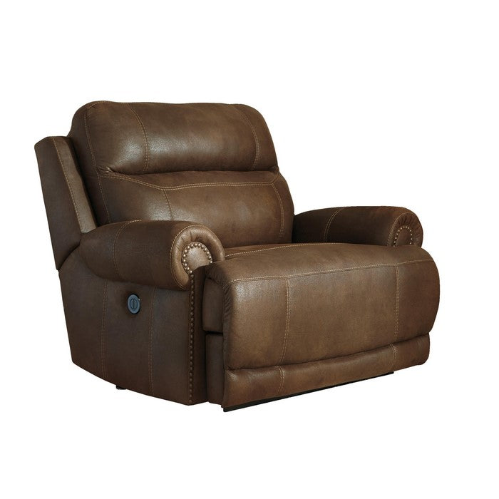 Wooden Zero Wall Power Wide Recliner with Glider and Nailhead Trims, Brown