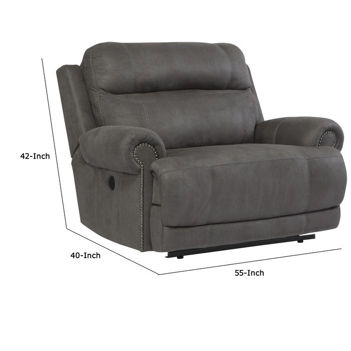 Wooden Zero Wall Power Wide Recliner with Nailhead Trims, Gray