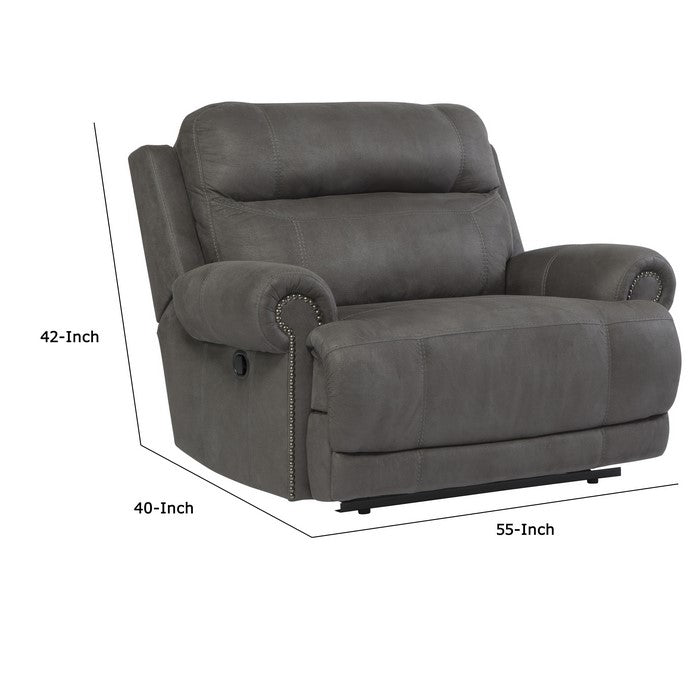 Wooden Zero Wall Recliner with Nailhead Trims and Rolled Arms, Gray
