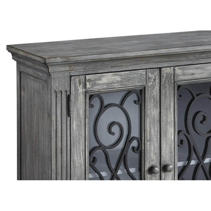 4 Door Cabinet with Glass Inserts and Metal Scrollwork, Antique Gray