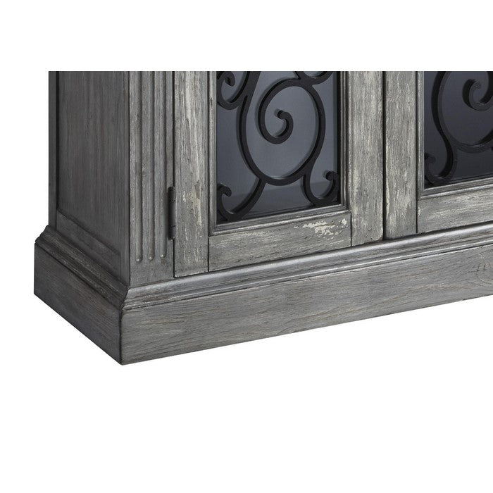 4 Door Cabinet with Glass Inserts and Metal Scrollwork, Antique Gray