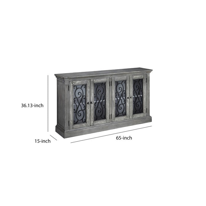 4 Door Cabinet with Glass Inserts and Metal Scrollwork, Antique Gray