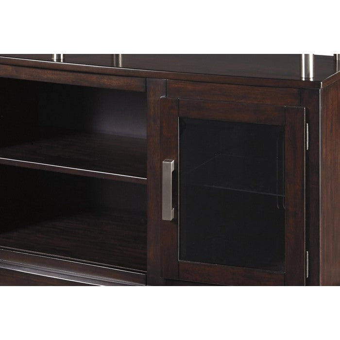 Wooden TV Stand with 2 Doors and Raised Glass Top, Medium, Brown