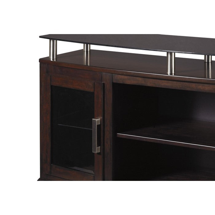 Wooden TV Stand with 2 Doors and Raised Glass Top, Medium, Brown