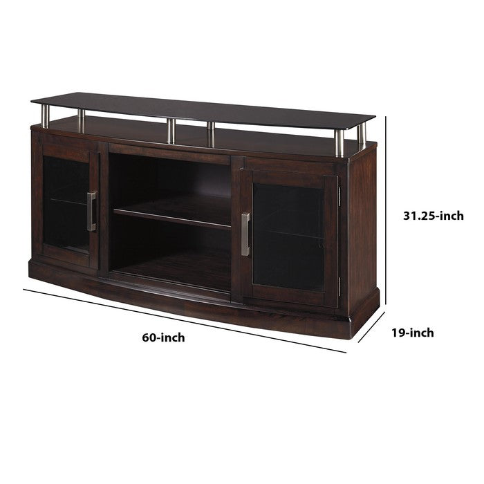 Wooden TV Stand with 2 Doors and Raised Glass Top, Medium, Brown