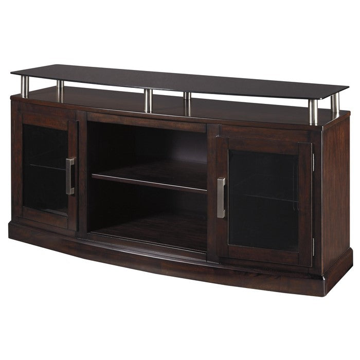 Wooden TV Stand with 2 Doors and Raised Glass Top, Medium, Brown