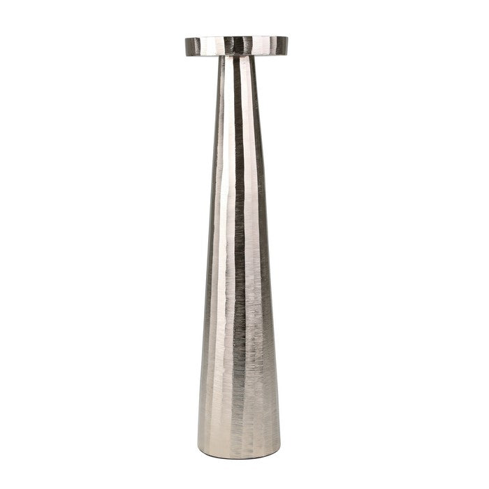 22 Inch Aluminum Pillar Type Candle Holder with Round Tray Top, Silver
