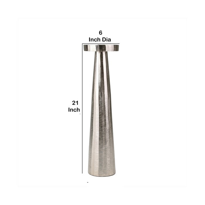 21 Inch Aluminum Pillar Type Candle Holder with Round Tray Top, Silver