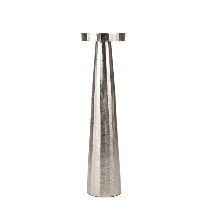 21 Inch Aluminum Pillar Type Candle Holder with Round Tray Top, Silver