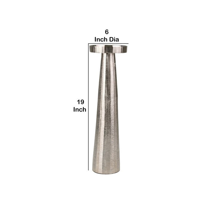 19 Inch Aluminum Pillar Type Candle Holder with Round Tray Top, Silver