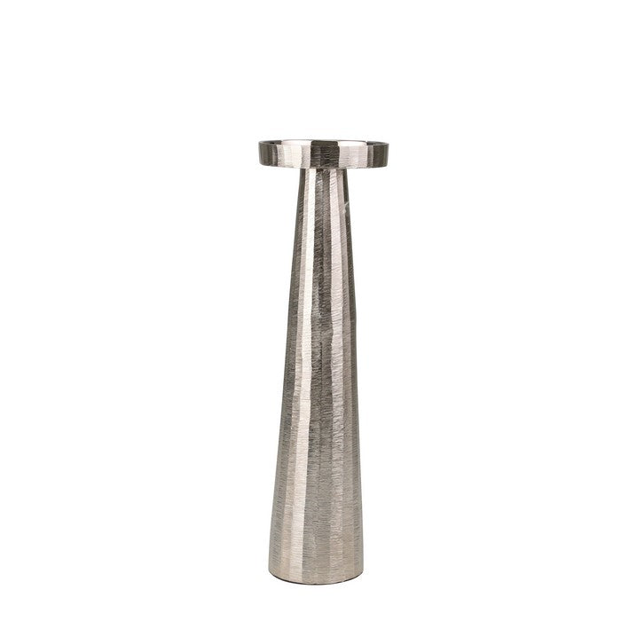 19 Inch Aluminum Pillar Type Candle Holder with Round Tray Top, Silver