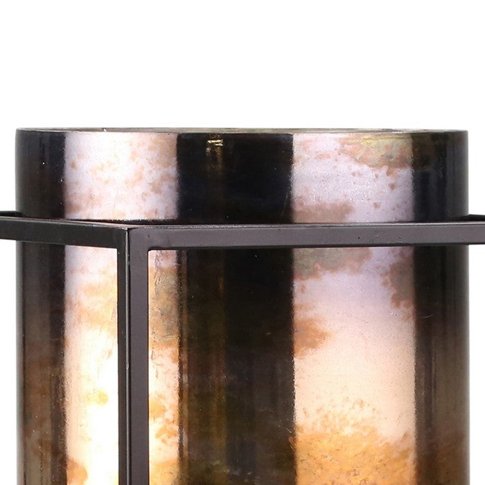 24 Inch Glass Hurricane Mounted on Iron Stand, Black and Copper