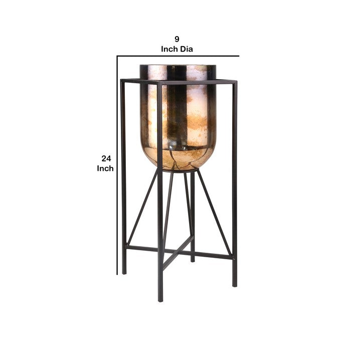 24 Inch Glass Hurricane Mounted on Iron Stand, Black and Copper