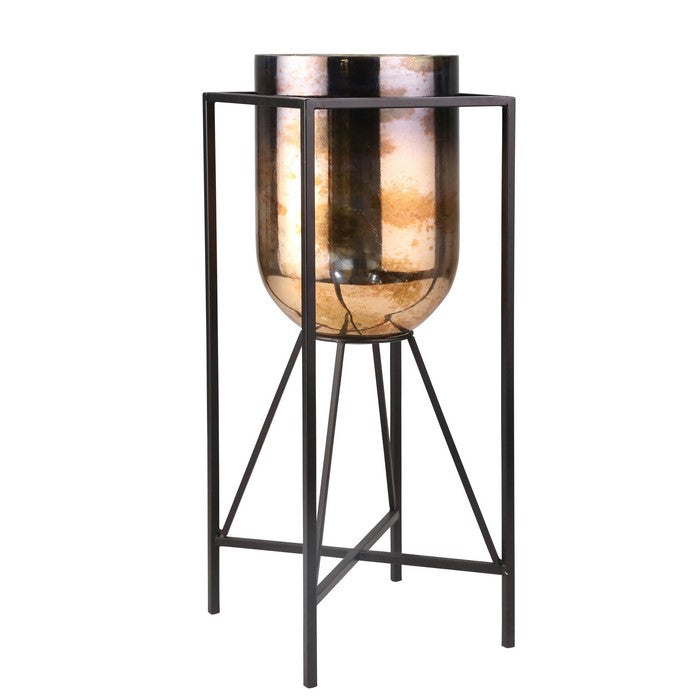 24 Inch Glass Hurricane Mounted on Iron Stand, Black and Copper