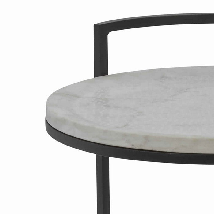 Round Marble Top Accent Table with Circular Metal Base, Black and White
