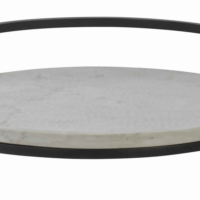 Round Marble Top Accent Table with Circular Metal Base, Black and White
