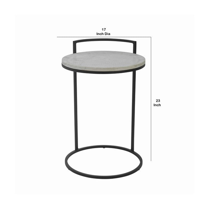 Round Marble Top Accent Table with Circular Metal Base, Black and White