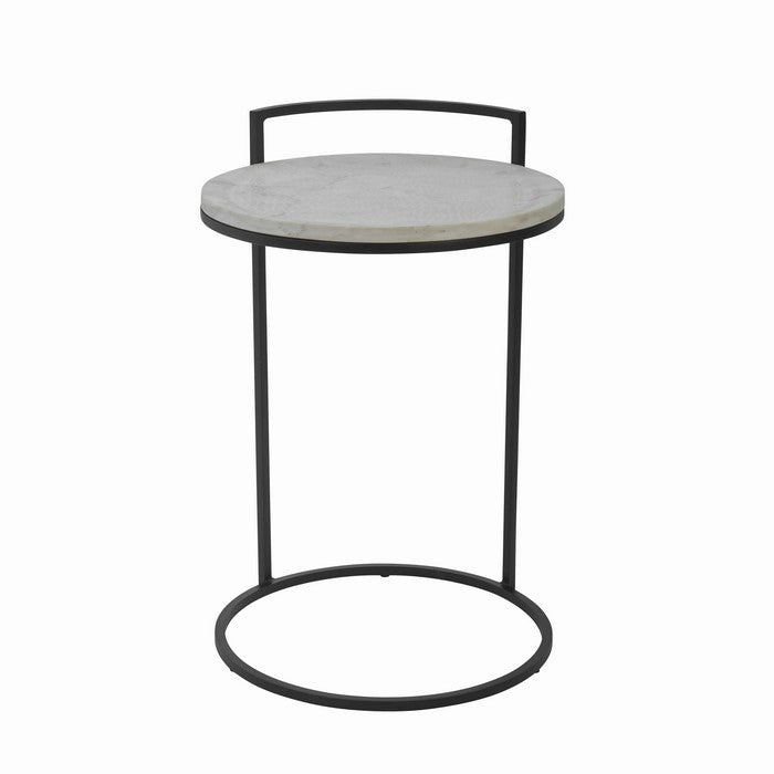 Round Marble Top Accent Table with Circular Metal Base, Black and White