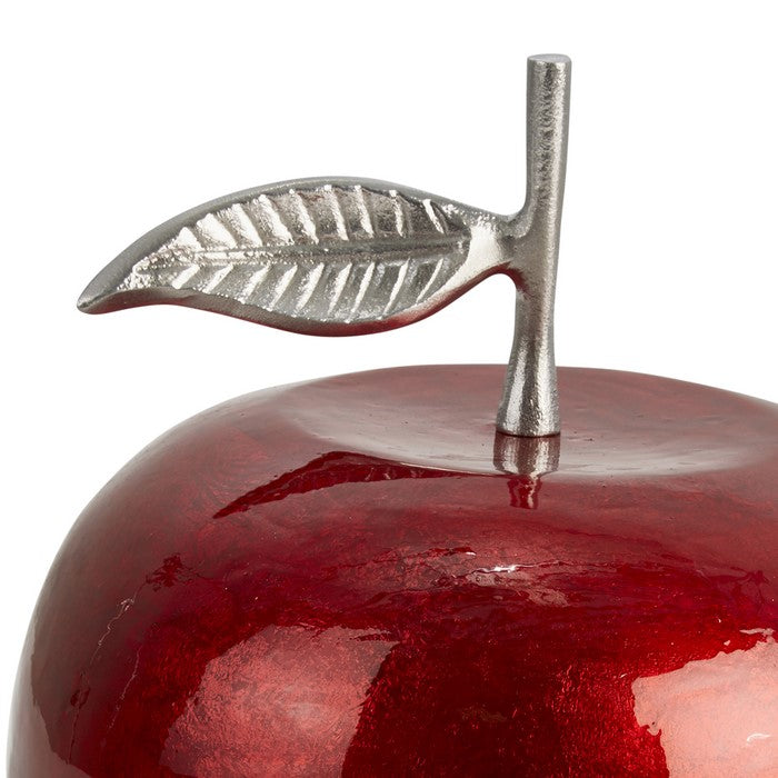 13 Inch Aluminum Apple Accent Decor with Branch and Leaf, Red and Silver