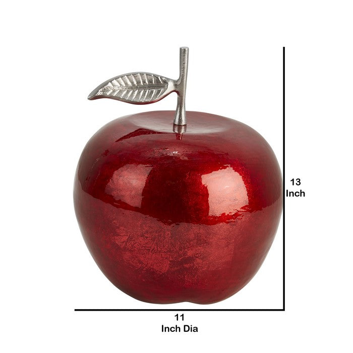 13 Inch Aluminum Apple Accent Decor with Branch and Leaf, Red and Silver