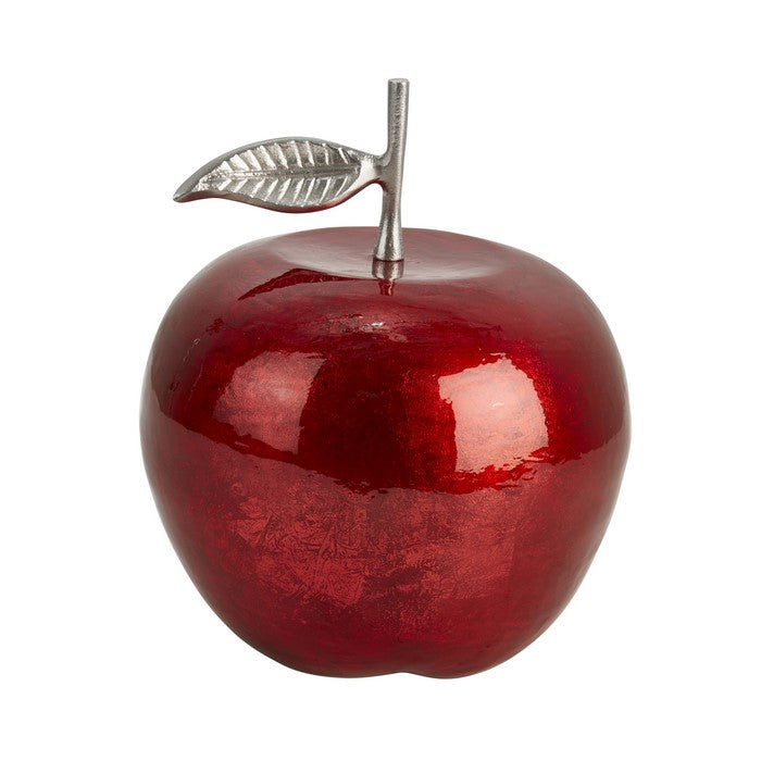 13 Inch Aluminum Apple Accent Decor with Branch and Leaf, Red and Silver