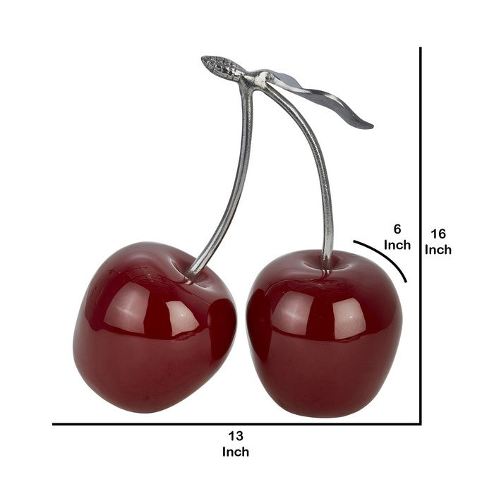 16 Inch Aluminum Cherry Accent Decor with Branch and Leaf, Red and Silver