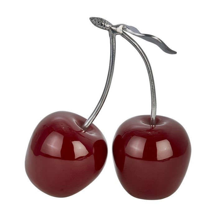 16 Inch Aluminum Cherry Accent Decor with Branch and Leaf, Red and Silver