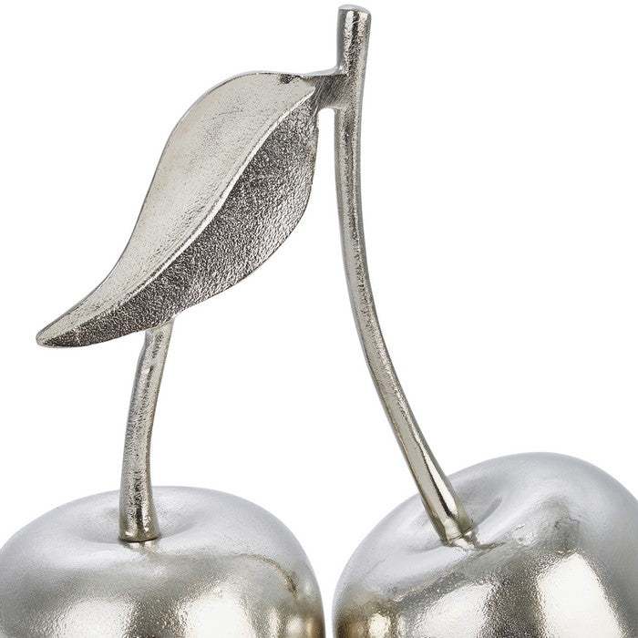 12 Inch Aluminum Cherry Accent Decor with Branch and Leaf, Silver