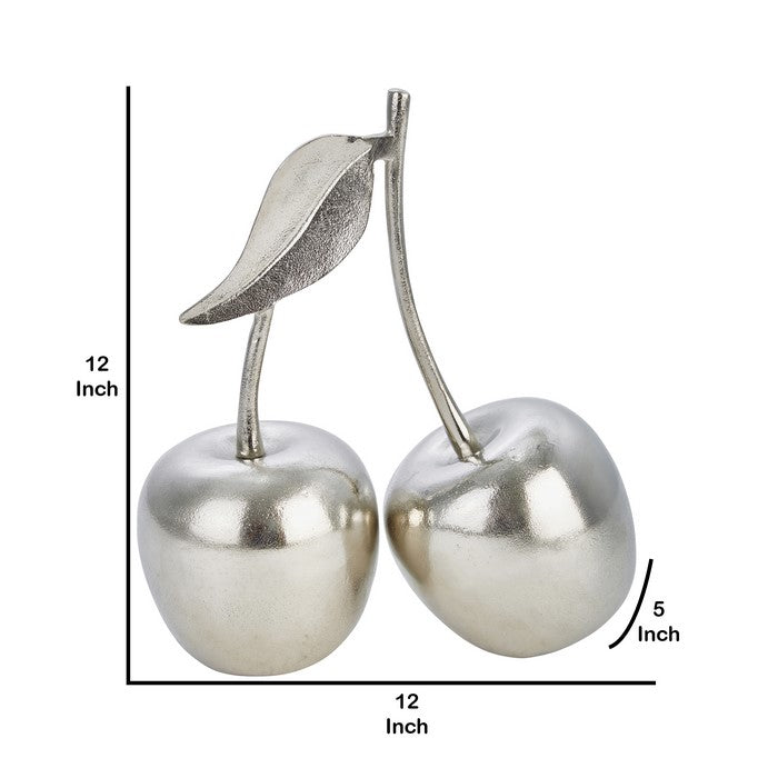 12 Inch Aluminum Cherry Accent Decor with Branch and Leaf, Silver