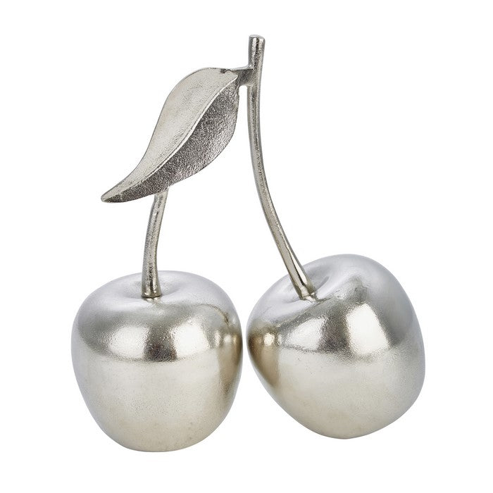 12 Inch Aluminum Cherry Accent Decor with Branch and Leaf, Silver