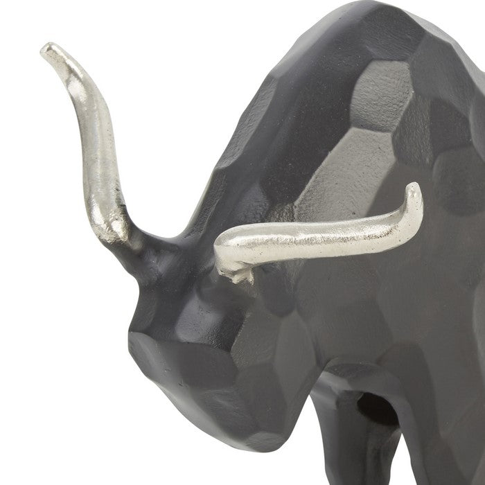 16 Inch Aluminium Bull Accent Decor with Geometric Texture, Gray