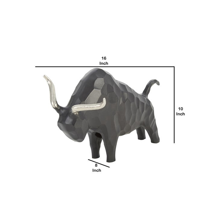 16 Inch Aluminium Bull Accent Decor with Geometric Texture, Gray