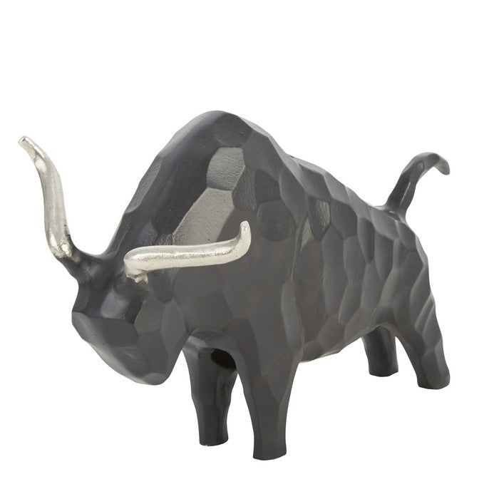 16 Inch Aluminium Bull Accent Decor with Geometric Texture, Gray