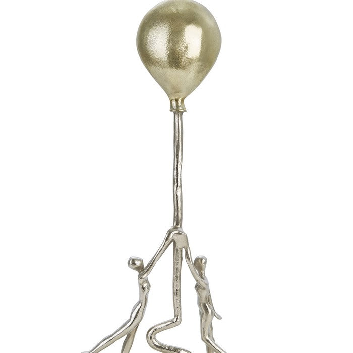 26 Inch Aluminum Table Decor with Balloon Holding Couple, Gold and White