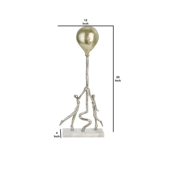 26 Inch Aluminum Table Decor with Balloon Holding Couple, Gold and White