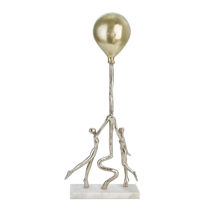26 Inch Aluminum Table Decor with Balloon Holding Couple, Gold and White